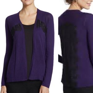 CHICO'S Mixed Lace Kree Viscose Blend Open Cardigan Sweater Purple Sz 2